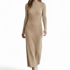 Zara Cream Ribbed Knit Turtleneck Sweater Dress Bodycon Small Quiet Luxury Chic